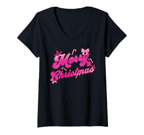 Damen Frohe Weihnachten Freche rosa Weihnachten Süße Feiertage T-Shirt mit V-Ausschnitt von Pink Sassy Christmas Kawaii XMAS Typography Design