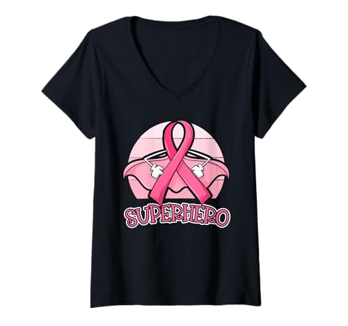 Damen Brustkrebs-Bewusstsein Superheld Survivor Walk Group T-Shirt mit V-Ausschnitt von Pink Superheroes Team Apparel