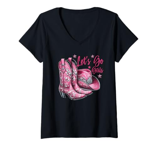 Damen Lets Go Girls Pinke Western Stiefel Cowboyhut Frauenpower T-Shirt mit V-Ausschnitt Damen Lets Go Girls Pinke Western Stiefel Cowboyhut Frauenpower T-Shirt mit V-Ausschnitt von Pink Western Country Stiefel Designs & Geschenke