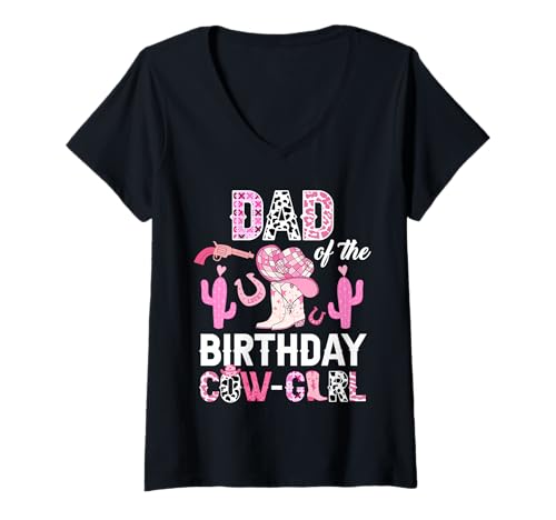 Damen Cute Dad of The Birthday Cowgirl Rodeo Cowgirl Bday Party T-Shirt mit V-Ausschnitt von Pink Western Cowgirl Bday Party Family Matching