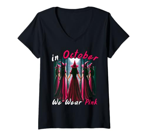 Damen In October We Wear Pink Witch Halloween Breast Cancer T-Shirt mit V-Ausschnitt Damen In October We Wear Pink Witch Halloween Breast Cancer T-Shirt mit V-Ausschnitt von Pink Witch Awareness Apparel