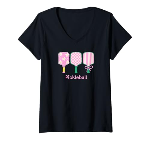 Damen Rosafarbenes Pickleball-T-Shirt Preppy Breast Cancer Dink in Rosa T-Shirt mit V-Ausschnitt von Pink for Pickleball Shirts by Southerngal