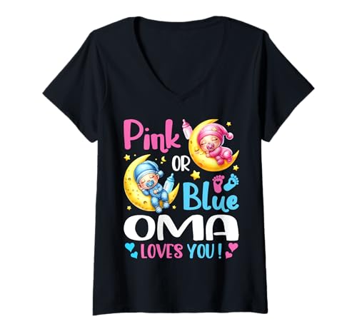 Damen Gender Reveal Pink oder Blau Oma Loves You T-Shirt mit V-Ausschnitt von Pink or Blue Oma Loves You