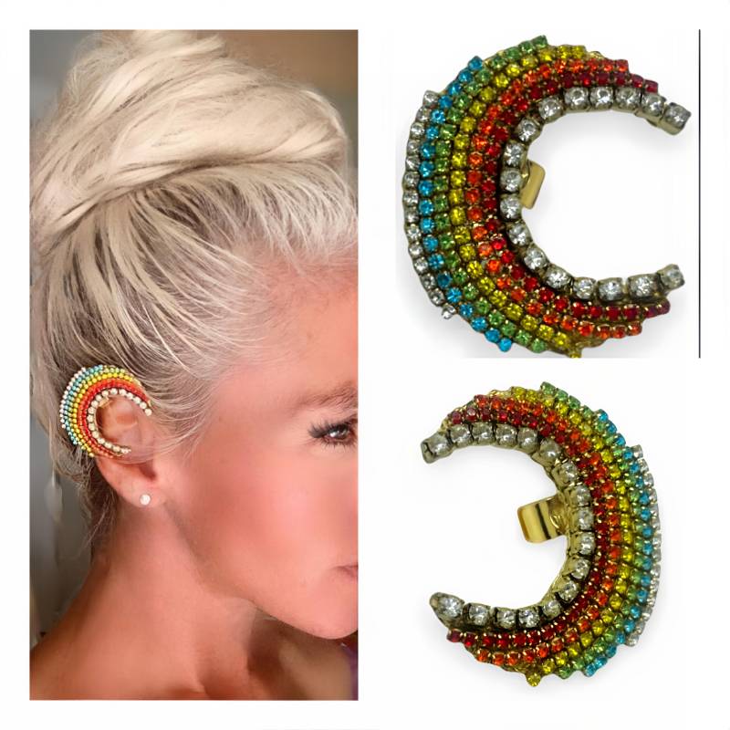 Große Verstellbare Goldmond Ohrmanschette Mit Bunten Strasssteinen, Mond Ohr Kletterer, Helix Ohrmanschette, Conch Manschette, Knorpel Manschette von PinkAllDayJewelry