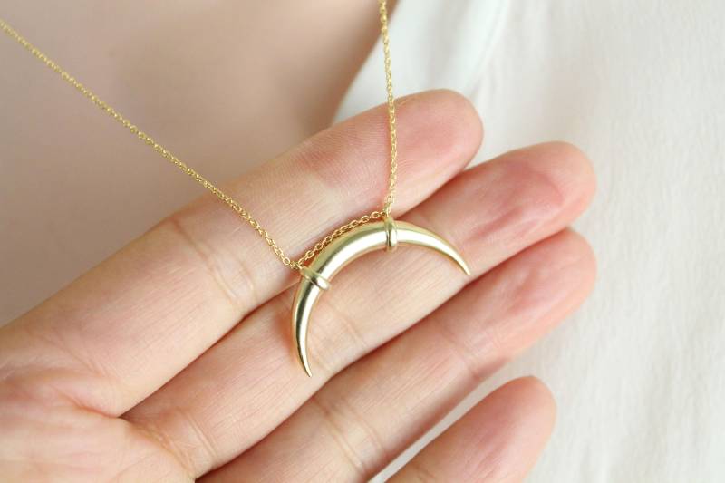 Doppel Horn Halskette in Gold/Silber, Mond Halskette, Stoßzahn Geweih Halbmond, Halbmond von PinkChemistry
