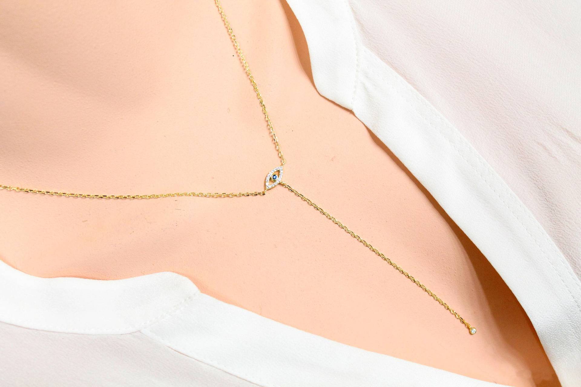 Evil Eye Y-Halskette, Lariat-Halskette, Blaues Eye, Roségold, .925 Sterling Silber Kette, Symbol Des Schutzes, Glücksbringer von PinkChemistry