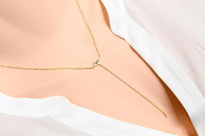 Evil Eye Y-Halskette, Lariat-Halskette, Blaues Eye, Roségold, .925 Sterling Silber Kette, Symbol Des Schutzes, Glücksbringer von PinkChemistry