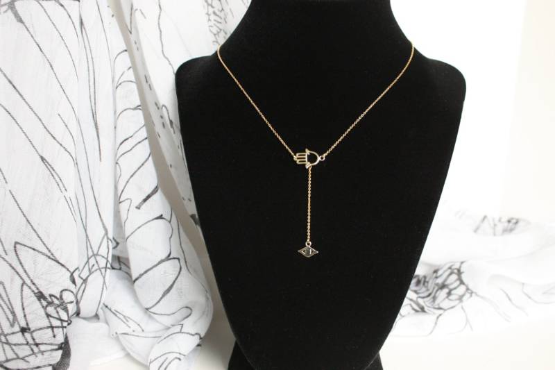 Hamsa Hand Und Evil Eye Halskette, Rosenkranz Stil Minimalistisch, Schnelle Zustellung von PinkChemistry