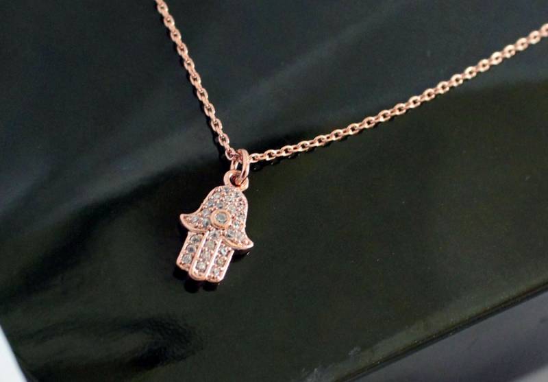 Kleine Hamsa Hand Mit Cubic Zircornia Halskette, 925 Sterling Silberkette Oder 14 K Gold Gefüllt Kette Rose Gold von PinkChemistry