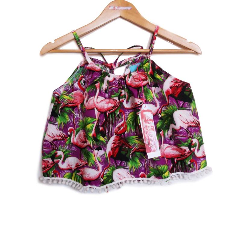 Lila Retro Flamingo Print Pom Neckholder Top Lila Retro Flamingo Print Pom Neckholder Top von PinkFlamingoShorts