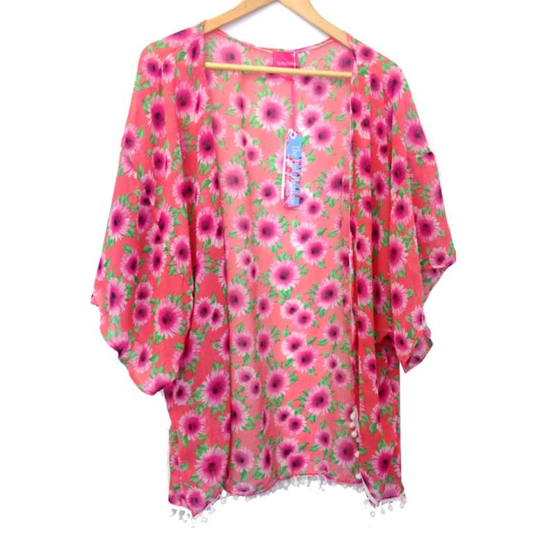 Rosa Vintage Blumendruck Bommelbesatz Kimono von PinkFlamingoShorts
