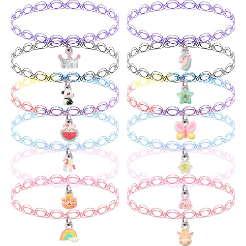 12PCS Choker Halskette Set für Kinder Teens Mädchen Frauen, Anhänger Charm Einhorn Regenbogen Katze Herz Blume Chokers Henna Tattoo Stretch elastisch schwarz rosa grün blau rot von PinkSheep