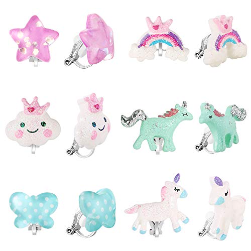 PinkSheep Bling Clip On Ohrringe für kleine Mädchen, Einhorn Ohrringe Regenbogen Ohrringe für Kinder, 6 Paar, Bestes Geschenk von PinkSheep