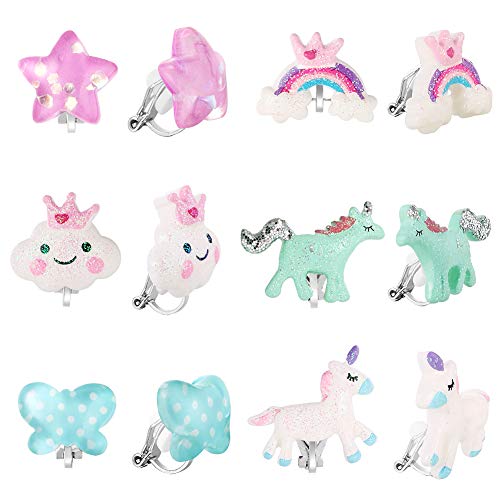 PinkSheep Bling Clip On Ohrringe für Kleine Mädchen, Einhorn und Regenbogen Design, 6 Paar, Bestes Geschenk für Kinder von PinkSheep