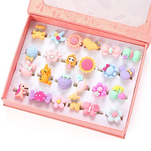 PinkSheep Juwelenringe für kleine Mädchen im Kasten, Mädchen verstellbar Jewel Spiel- und Anziehringe (24 Schöne Ringe) von PinkSheep