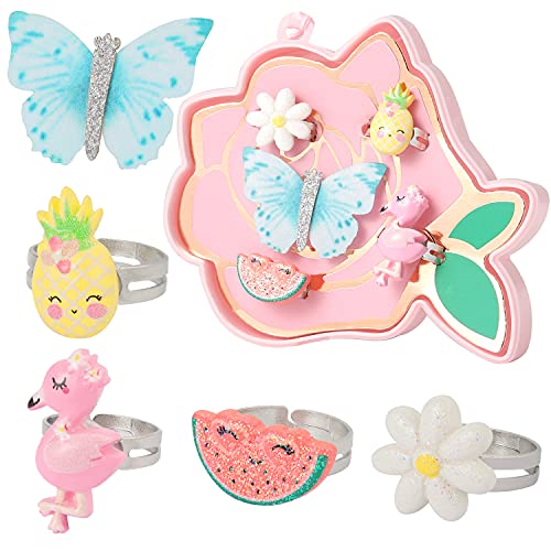 PinkSheep Juwelenringe für kleine Mädchen im Kasten, Mädchen verstellbar Jewel Spiel- und Anziehringe (5pcs-Blumen Box) von PinkSheep