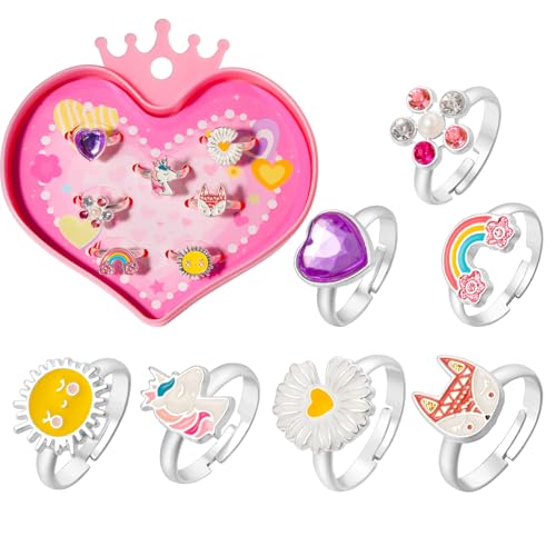 PinkSheep Juwelenringe für kleine Mädchen im Kasten, Mädchen verstellbar Jewel Spiel- und Anziehringe (6pcs-Herz Box) von PinkSheep