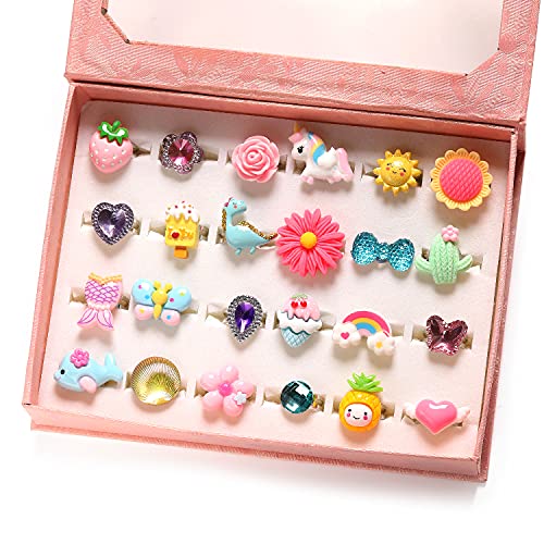 PinkSheep Einhorn Mädchen Ringe in a Geschenk Box, Verstellbar, Keine Duplikation, 24 Stück Mädchen Pretend Play und Dress Up Ringe von PinkSheep