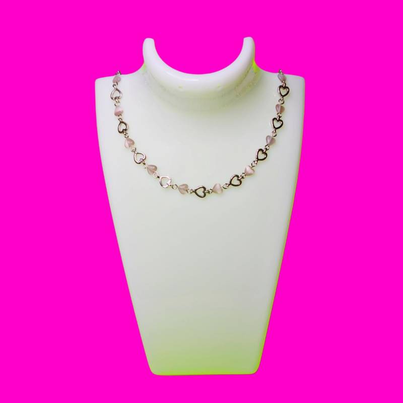 C.1980S Herz Kette Link Lila Rosa Perlen Silber Ton Vintage Retro Kitsch Längere Halskette von PinkSkullCA