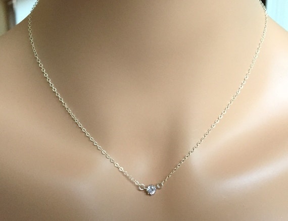 Diamant Cz Solitär Halskette-Schwimmende Halskette-Cubic Zirconia Halskette-sterling Silber Kette-Layering Halskette von PinkSlate