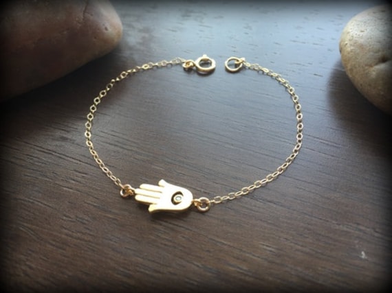 Zierliches Hamsa Armband Mit Cz-Silber Armband-Gold Filled Kette-sterling Silber Kette-Hand Der Fatima Auge Anhänger von PinkSlate