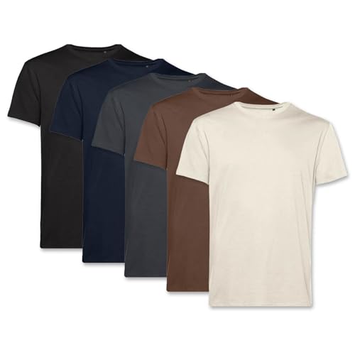 PinkTex Herren T-Shirt (5er Pack) Bio-Baumwolle [Sand/Braun/Dunkelgrau/Navy/Schwarz, 3XL] von PinkTex