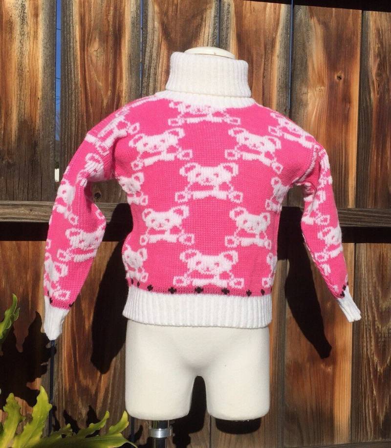 Park Bench Kinder Teddybär Pullover Gr 2-4 Rosa Acryl Weiß Gestrickt von Pinkbedazzler