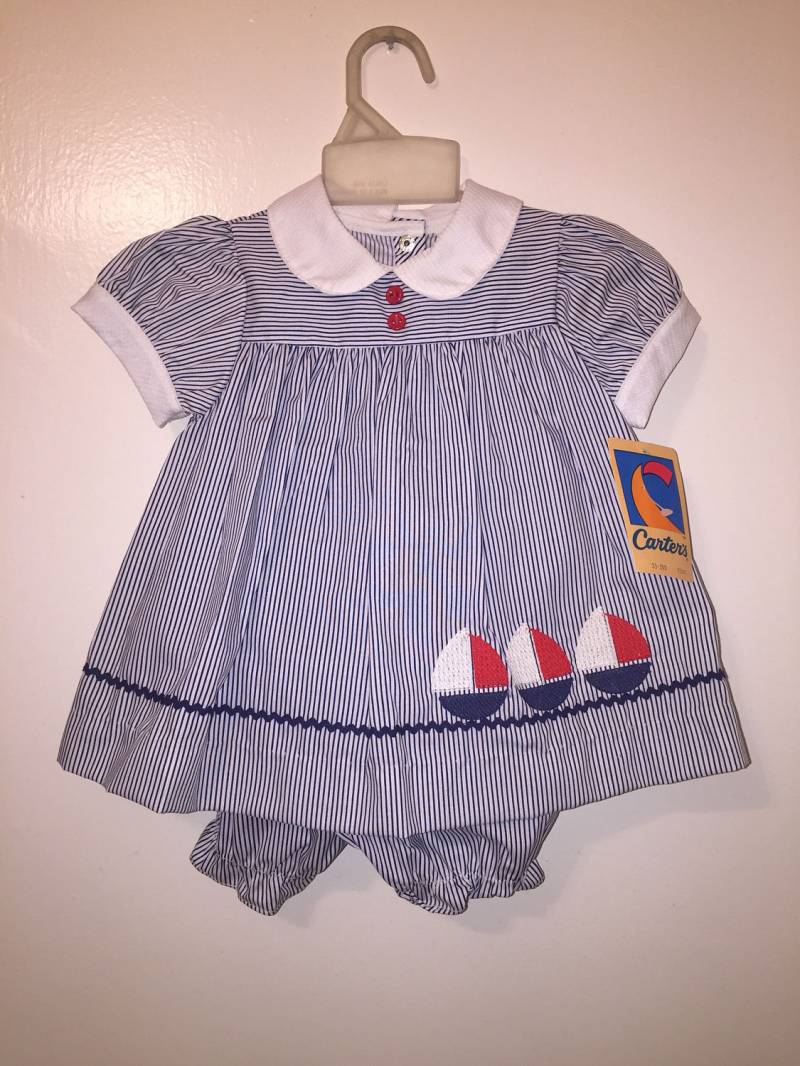 Vtg Carters Baby Mädchen Sommerkleid Gestreifte Segelboote Sz 12 M New Old Stock von Pinkbedazzler