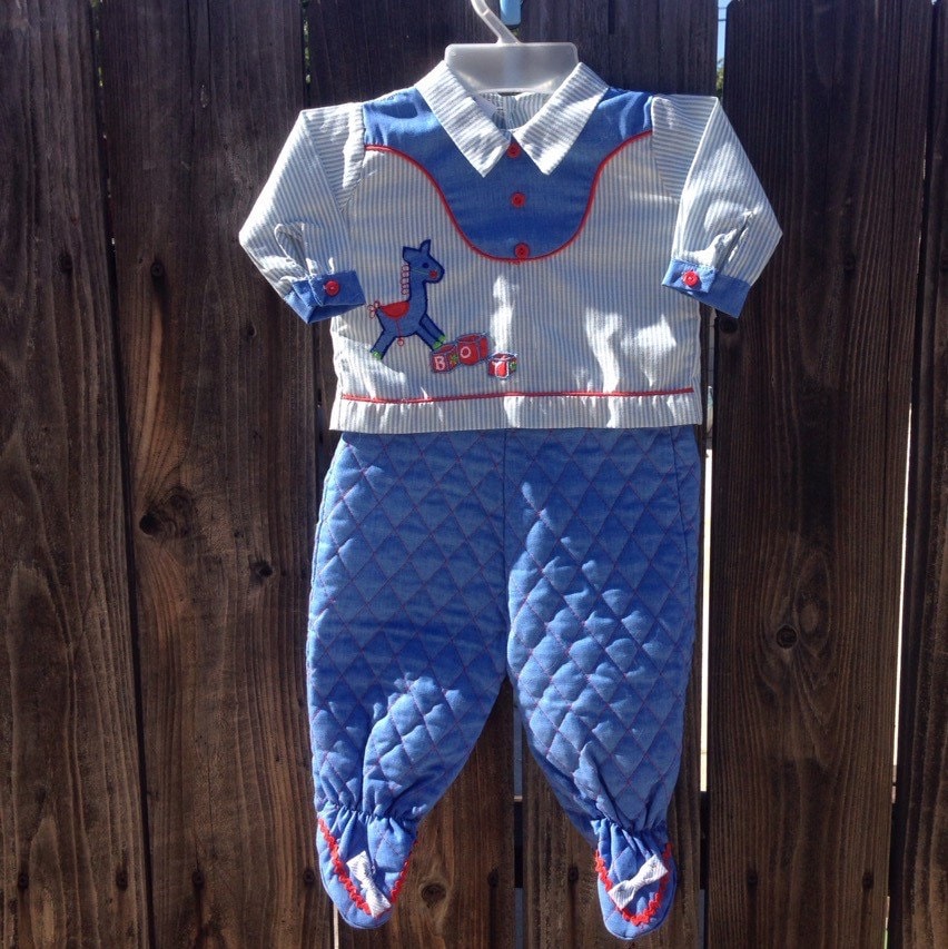 Vtg Cotton Candy Baby Jungen Outfit Hosenanzug Blau Gr 0-6 M Pferd Rot Gesteppt von Pinkbedazzler