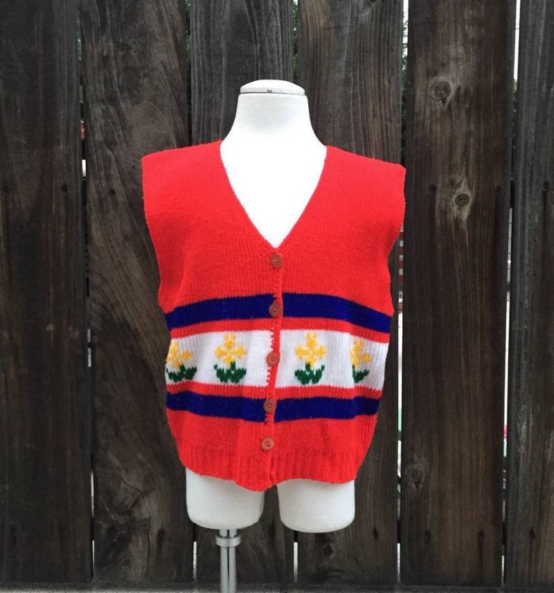 Vtg Girl Boy Strick Weste Rote Blumen Weiß Gr 8-10 Gelb Retro von Pinkbedazzler