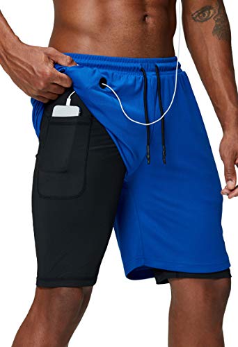 Pinkbomb 2-in-1-Laufshorts für Herren, für Fitnessstudio, Workout, schnell trocknend, mit Handytasche, blau, Mittel von Pinkbomb