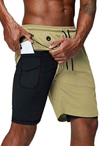 Pinkbomb 2-in-1-Laufshorts für Herren, für Fitnessstudio, Workout, schnell trocknend, mit Handytasche, khaki, Mittel von Pinkbomb