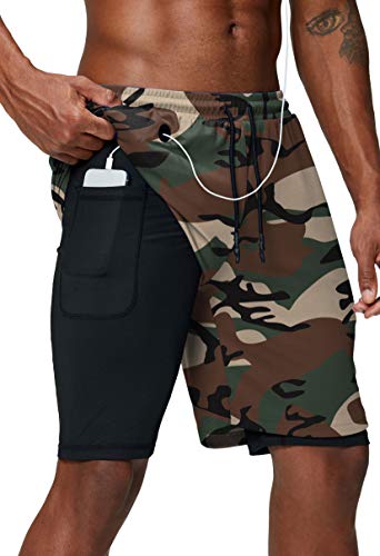 Pinkbomb Herren 2-in-1 Lauf-Shorts, schnelltrocknend, mit Handy-Tasche - Grün - Groß von Pinkbomb