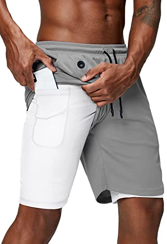 Pinkbomb Herren 2-in-1 Laufshorts Gym Workout Schnell trocknend Herren Shorts mit Handytasche, Hellgrau2, Groß von Pinkbomb