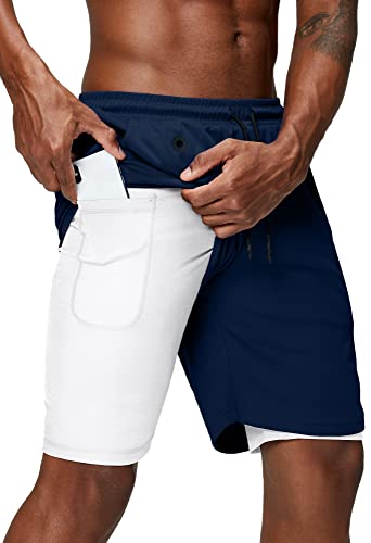 Pinkbomb Herren 2-in-1 Laufshorts Gym Workout Schnell trocknend Herren Shorts mit Handytasche, Marineblau 2, X-Groß von Pinkbomb