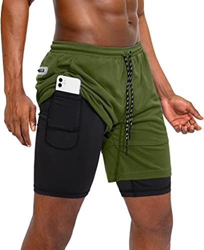 Pinkbomb Herren 2-in-1 Workout Laufshorts Quick Dry Athletic Gym Shorts für Männer mit Handy-Taschen, armee-grün, Mittel von Pinkbomb