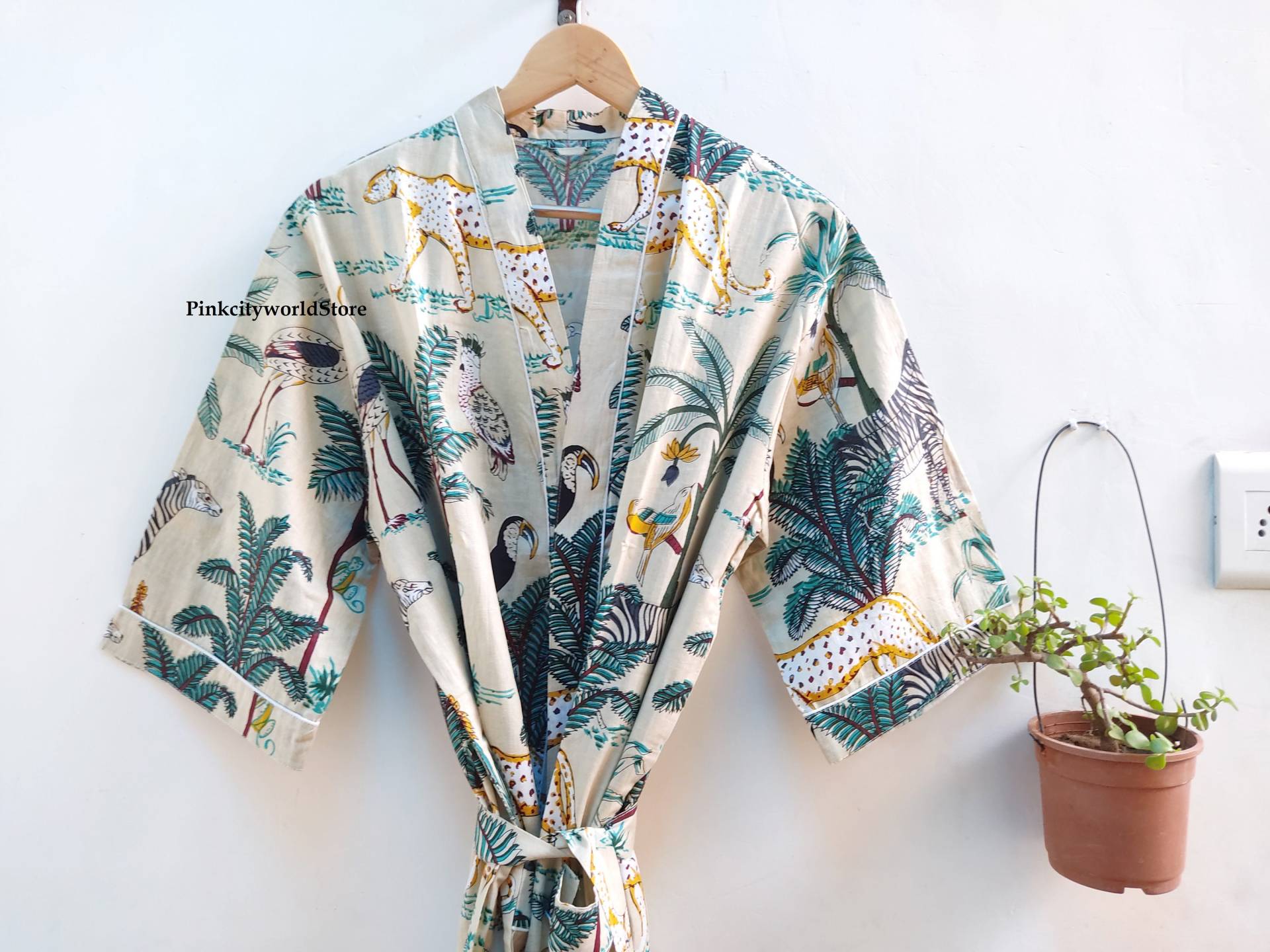 Baumwolle Kimono Roben, Wild Leaf Print Kimono, Weiche Und Bequeme Bademäntel, Wickelkleid, House Coa.t Robe von PinkcityworldStore