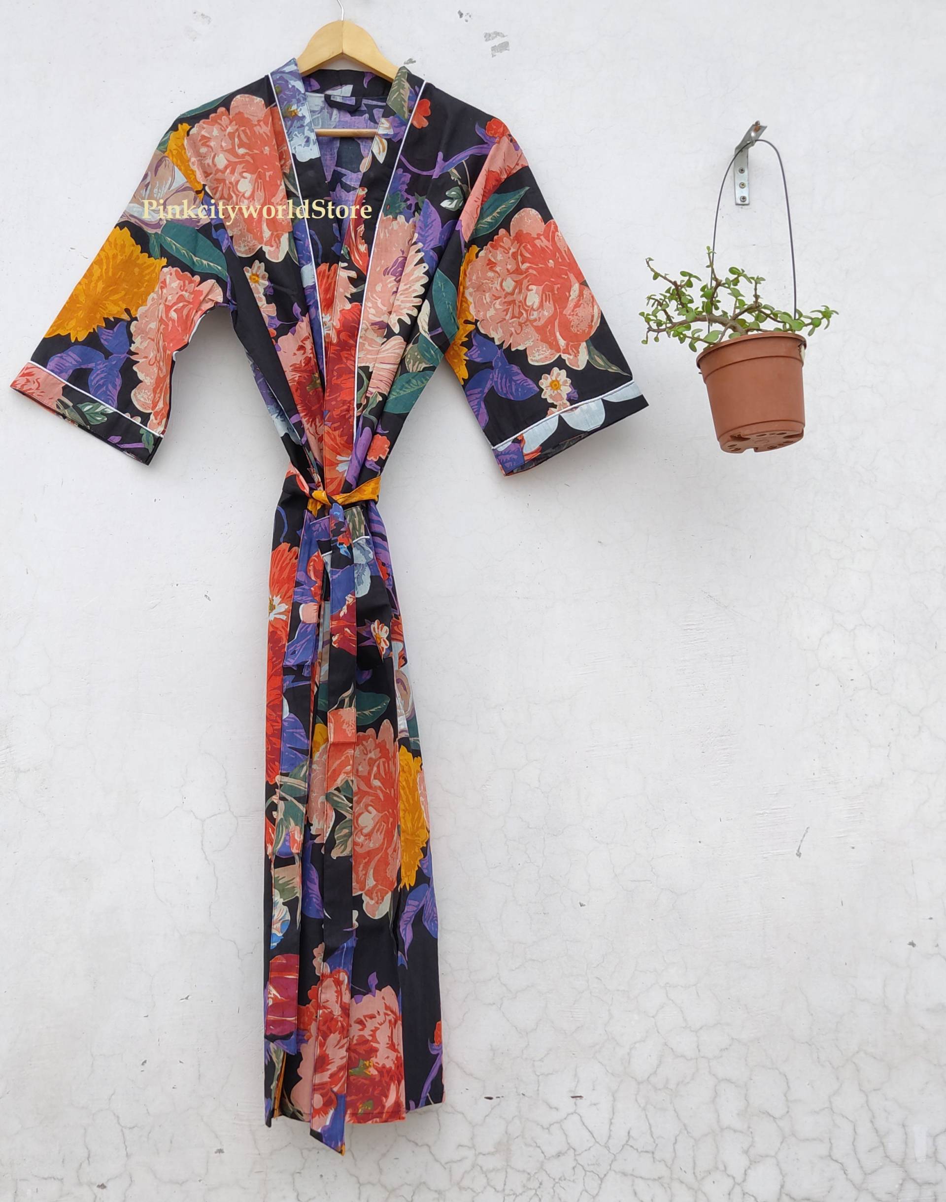 Handblockdruck-Baumwollkimono-Roben, Weiche Und Bequeme Bademäntel, Wickelkleid, Hausmantel-Robe, Blumenkimono, Schöner Brautkimono von PinkcityworldStore