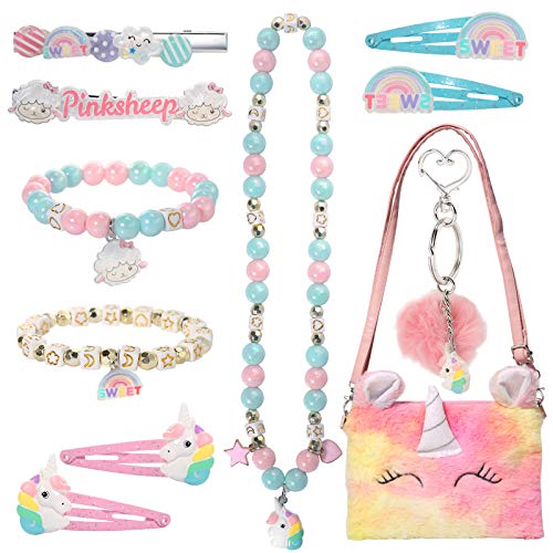 Pinkgarden Mädchenschmuck Handtasche, 11 Stück Kinder Einhorn Geschenk Tasche mit Einhorn Halskette Armband Schlüsselkette Rucksäcke Haarspange Zubehör Pinkgarden Mädchenschmuck Handtasche, 11 Stück Kinder Einhorn Geschenk Tasche mit Einhorn Halskette Armband Schlüsselkette Rucksäcke Haarspange Zubehör von Pinkgarden