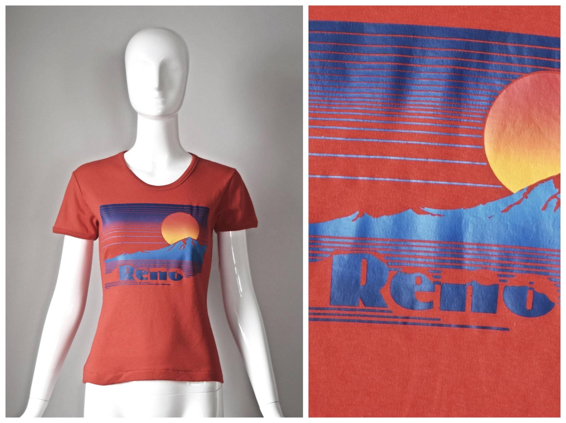 Vtg 1985 Fun Tees Rotes Reno Grafik Babydoll T-Shirt | Berg Sonnenuntergang Nevada 1980S 80S Größe Medium Top Bunter Sommer von PinkhamRoadRetro