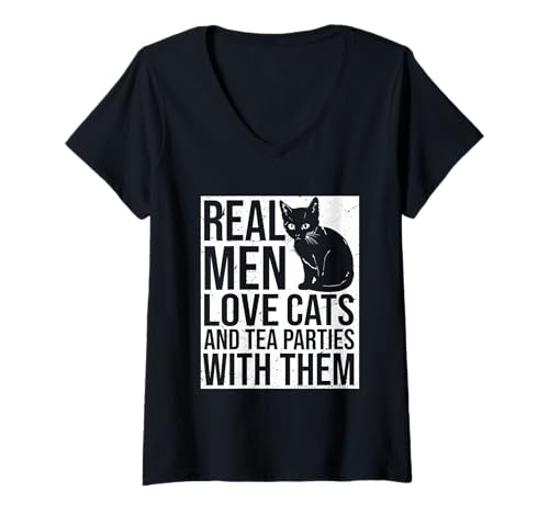 Damen Echte Männer lieben Katzen und Teepartys mit ihnen T-Shirt mit V-Ausschnitt von Pinkies hoch