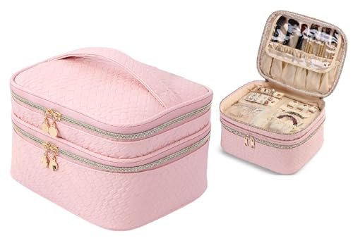 Pinkmik Make-up-Tasche für Damen, doppellagig, Kosmetiktasche mit Schmuck-Organizer, Reise-Kulturbeutel, A/Pink, Doppellagige Make-up-Tasche von Pinkmik