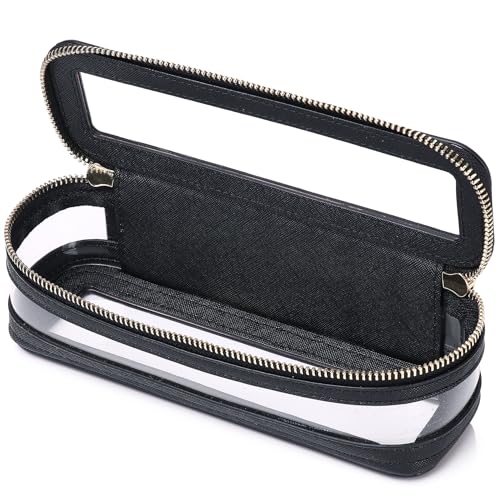 Pinkmik Make-up-Pinsel-Etui, transparent, Reise-Kosmetik- und Kulturbeutel, schmale Make-up-Tasche mit Reißverschluss, kleine Geldbörse, Organizer, Autozubehör, für Damen (Schwarz, SLIM-1), Schwarz, von Pinkmik