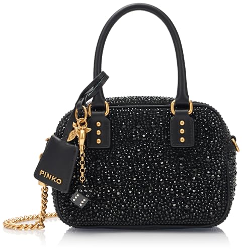 Pinko Damen Bowling Bag Mini Crosta Full Strass + Vitello Seta Tasche, Z99q_schwarz-Antique Gold von Pinko
