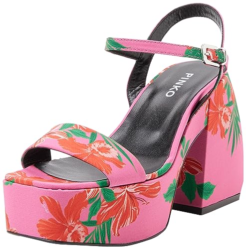 Pinko Damen FANTINE Wedge Tessuto Stampato Durchgängies Plateau Sandalen mit Keilabsatz, YNR_Mult.Fuxia/Rosso, 38 EU Weit von Pinko