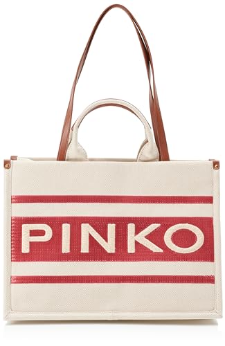 Pinko Damen Shopper Canvas recycelt + Sta Tasche, B7iq_Ecru/Fuchsia-Antique Gold von Pinko