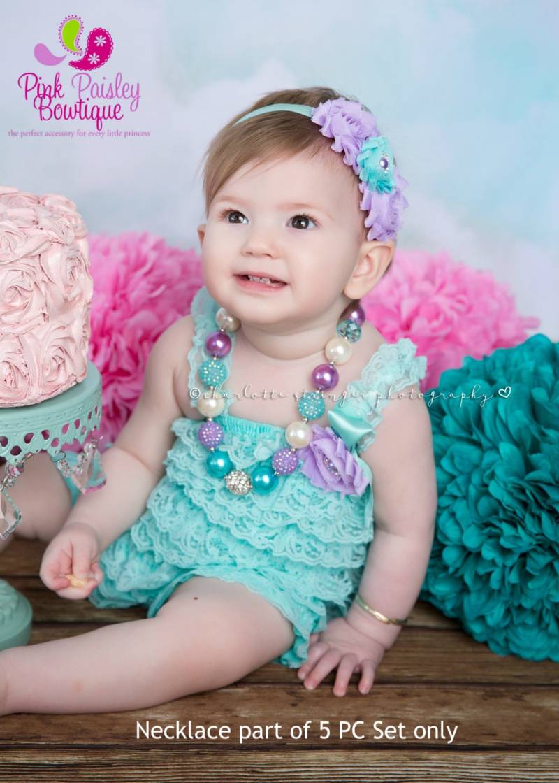Aqua Lace Baby Strampler 1St Birthday Outfit, Stirnband & Clip von Pinkpaisleybowtique
