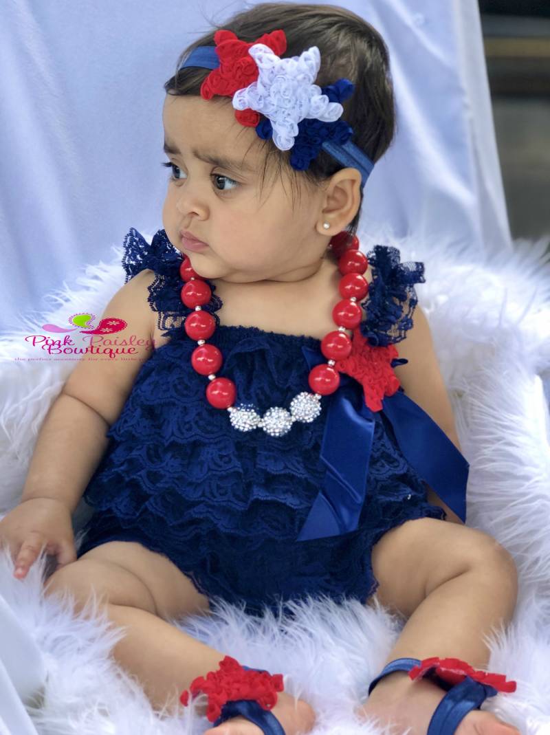 Juli 4Th Baby Strampler Dunkelblaue Spitze, Stern Haarband Outfit von Pinkpaisleybowtique
