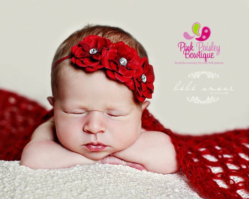 Rote Blume Baby Stirnband Frühling Ostern Schleife von Pinkpaisleybowtique