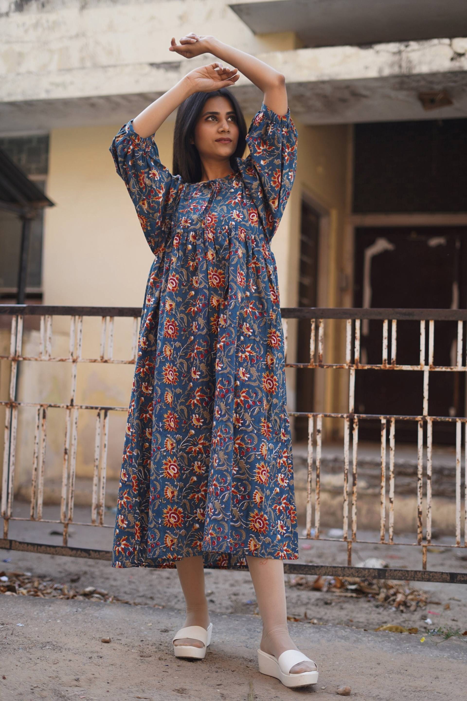 Hand Block Printed Kleid | Sommerkleid| Baumwollkleid| Blumendruck Handarbeit| Made in India Print Kleid, Bedrucktes von PinksaFashion